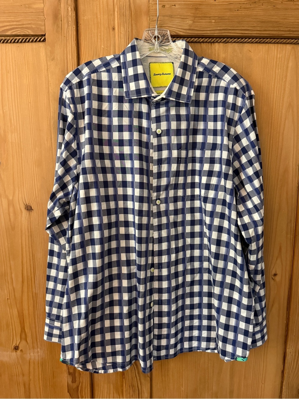 Tommy Bahama Navy Blue & White Gingham Shirt with Yellow Label